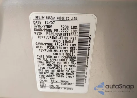 2009 Nissan Murano S/Sl/Le z USA, uszkodzony, nr VIN JN8AZ18W89W107997